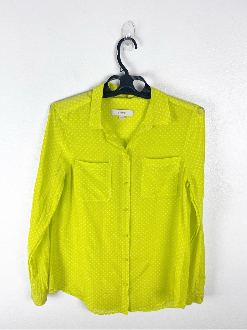 LOFT Chartreuse Yellow Polka Dot Silk Blend Chest Pockets Sheer Top Size Medium